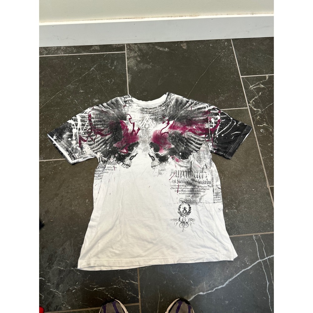 Archaic by Affliction Mens XXL Skull Graphic T-Shirt White Purple Gothic Y2K